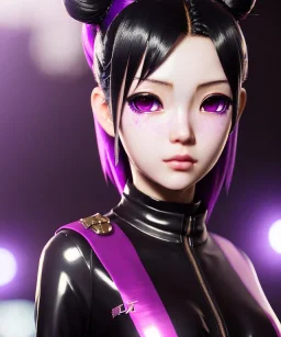 Detailed cute anime Kunoichi girl, purple hair buns, purple bangs, black latex bodysuit, intricate details, full body portrait, keep head in frame, slight smile, black Japanese motif, concept art, highly detailed, digital painting, concept art, sharp focus, illustration, art by Yoji Shinkawa, WLOP and greg rutkowski and alphonse mucha and artgerm and yanjun Chen and Junji ito and Makoto Shinkai, HDR, octane render