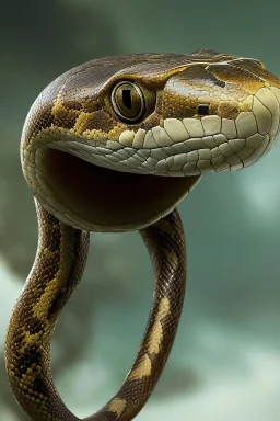 Close up of a Cobra snake ready to strike, head in a flat striking position. Abstract, Stunning and frightening pattern on forehead with staring eyes. Style of steampunk, chaos80, realistic and high quality