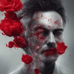 portrait of man with a fading red flower inside his face, high detailed black and white with red accents, digital painting.