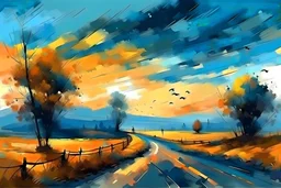 semi-abstract landscape in oil painting style. dramatic sky, birds, country road, car