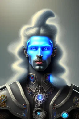 portrait of a dark skinned male dark elf with long white hair and haunting blue eyes wearing a steampunk exoskeleton powered by gears, in fantasy style