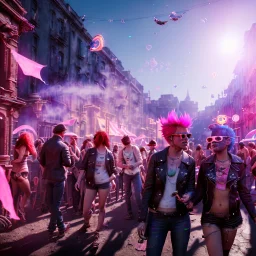 Ultra Realistic photo, medium shot view, drunken women, carnival scene, sexy steampunk. Pink hair, confeti, Sunglasses, smoking, happy, festival, red fog. highly detailed, concept art, unreal engine 5, ray tracing, RTX, lumen lighting, ultra detail, volumetric lighting, 3d, finely drawn, high definition, high resolution.