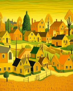 A yellowish orange colored village with microphone shaped houses painted by Grant Wood