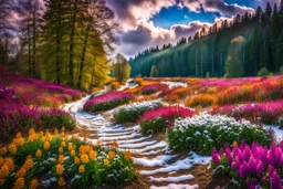 a field filled with lots of flowers next to a forest, footsteps in the snow, splashes of colors, path, very attractive and beautiful clouds, ( land ), pathway, color splashes, beautiful view, soft edges, stunning screensaver.