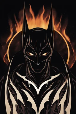 Captivating minimalist illustration of cosmic Batman, made up of intricately intertwined black flames. Her intense, bright eyes draw the viewer into her mesmerizing gaze, the pulsing energy of each flame creating a euphoric symphony within the heart. Dark background,the bright striped tail adds depth and dimension to the scene,evoking a feeling of dark fantasy, intriguing and mysterious aura. Vector pop art cinematic piece masterfully combines light and shadow, leaving the viewer in awe.Full bod