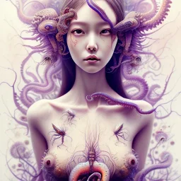 Realistic body, doll up, Asian woman, leaning pose, full body, squid, intricate detail , watercolor illustration by <agnes cecile> centipede, insects, nest, octopus, fly, squid, multiple eyes everywhere, Dryad, plants, wildflower, doll, blood, scythe, dolly,