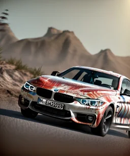 Realistic image. BMW 4 2024. 4k resolution, intricate details, ornate details, soft lighting, vibrant colors, mad max background