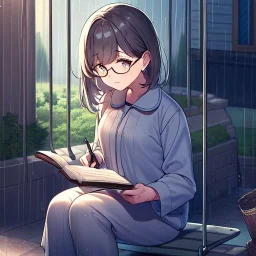 anime girl writing with a pencil in a book sitting on a porch swing of a very old house in the rain, wearing pajamas,wearing glasses, rain and raindrops