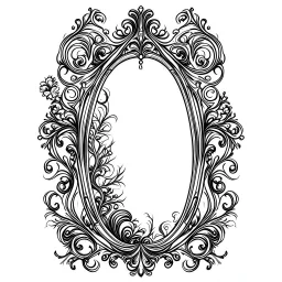 Make black and white cute drawing of a Enchanted Mirror with black bold lines. Only outline, no grayscale. A tall, ornate mirror with an intricate golden frame shaped like vines and flowers. In the reflection, show a magical princess