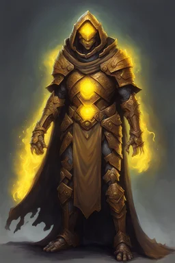 Copper Warforged, druid, glowing yellow eyes, wearing cloak, dungeons and dragons