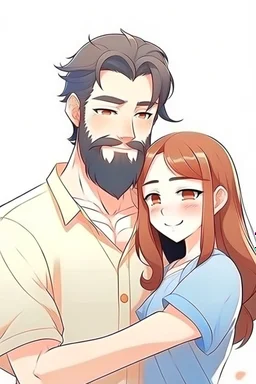 Anime man with beard, handsome and happy, holding wife. Romantic and in love