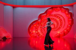 modern stage with gray-red theme artistic decoration , color full dynamic lighting, a beautiful lady in pants and blouse with shining silver jewels dancing, 3D recursive fractal structure animating background