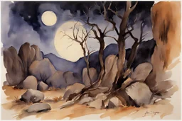 Night, mountains, rocks, dry trees, gothic horror films influence, john singer sargent watercolor paintings