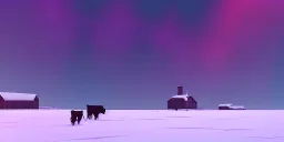 Small lonely cattle farm in a bleak cold land, desolate, snowy, northern lights