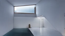 A serene oasis within, a tranquil indoor pool surrounded by sleek glass walls and gleaming marble floors, warm golden light spilling in through skylights above, the soft whoosh of water a soothing melody, a haven of relaxation and escape from the world outside, inviting you to dip your toes into its crystal clear waters.