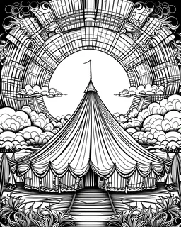 Design a coloring image featuring a vibrant circus tent set against a beautiful sunset backdrop, black and white, fine line, white background