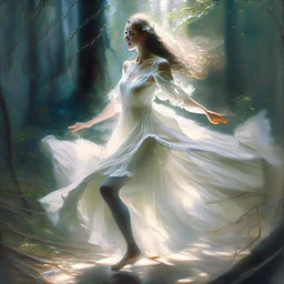 A sweet delicate music surrounding a gracious girl dancing barefoot in a forest, detailed beautiful face, she's wearing a white transparent dress, looks like a painting, volumetric lighting, depth of field