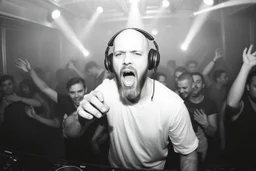 en manlig skallig och goatee (ansat skägg) DJ (med hörlurar) som sjunger nära in i kameran, väldigt exalterad, och folk som dansar våldsamt i backgrunden på ett techno disco, svartvit bild, prodigy trash style