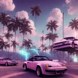 1980's aesthetic vaporwave palm trees and spheres and Porsche with lightning