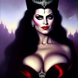 portrait of beautiful busty Evil Queen painting by Brom, oil on canvas, cinematic composition, extreme detail,cinematic composition,fit full head inside picture