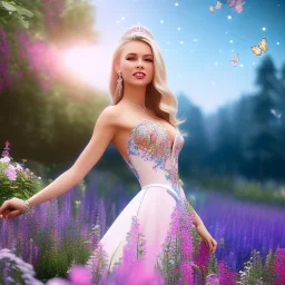 Full body Princess, sexy woman blondie, make up, beautiful smiling face,blue eyes, beautiful place,amazing, flowers, colors, blue and pink butterfly, realistic, photo real, stars night, detailed, high contrast, 8k high definition, unreal engine 5, extremely sharp detail, light effect, light background