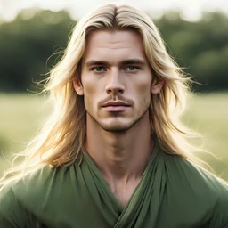 male, soft facial features, long blonde hair, green tunic, on a field, drawn picture