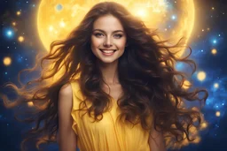 Luminous Look, beautiful girl, long dark wavy hair, brown eyes. warm smile. Wearing a yellow peplo dress. Cosmic environment, blue sun