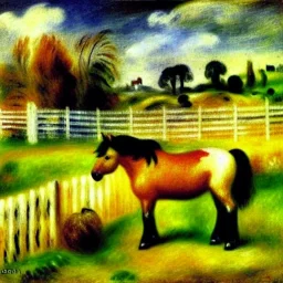 shetland pony, fence, field, oil painting, by renoir