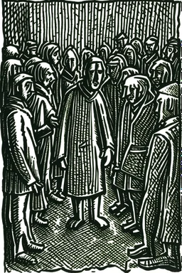 Block print anxious about meeting a crowd of strangers