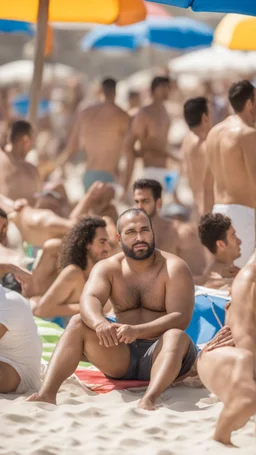 full figure shot photography of a serious ugly burly strong chubby marocan 35 years old, shirtless, short beard, sells colored pareos on a crowded beach, sitting on a beach chair, sunligh, photorealistic, 35mm lens, side light, ambient occlusion