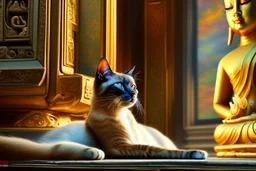 Elegant feline (Siamese cat) laying on Buddha statues lap, observing Thailand, painting impressionism, beautiful, artistic detailed Modifiers: elegant illustration intricate oil on canvas cinematic lighting very attractive beautiful dynamic lighting fantastic view close up hyperrealistic crisp quality hdr cinematic postprocessing Thomas Kinkade Caspar David Friedrich focused Craig Rutkowski