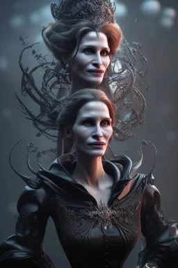 Julia Roberts as evil queen in black leather gown, evil, busty, cleavage, curvy, angry, stern look. character design by cory loftis, fenghua zhong, ryohei hase, ismail inceoglu and ruan jia. unreal engine 5, artistic lighting, highly detailed, photorealistic, fantasy