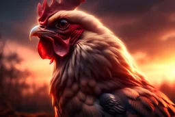 A heroic looking chicken staring triumphantly into the distance, portrait, sunset, digital art, fantasy