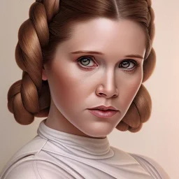 square framed complete and ultra realistic detailed head to waist stunning portrait of young carrie fisher as Princess Leia with realistic hairstyle by Mandy Jurgens and mucha and Richard Schmid and chuck close and chie yoshii, extraordinary and detailed ceremony dress of star wars,brown eyes