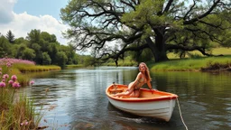 a beautiful lady in nice swim suit in pretty boat in river in country side next to river and big tree,wild flowers comming to camera