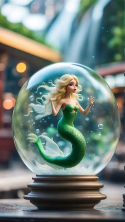 portrait of singing tiny green mermaid snake winged fairy with blonde swirly hair completly inside crystal ball bubble at the train station under waterfall,bokeh like f/0.8, tilt-shift lens 8k, high detail, smooth render, down-light, unreal engine, prize winning