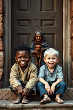 A black one year old boy and a one year old white boy both smiling , sitting on the door steps of the an old paints house door , in the background an old woman holding small dog , insanely detailed octane render trending on artstation, 8k artistic photography, photorealistic concept art, soft natural volumetric cinematic perfect light, chiaroscuro, award-winning photograph, masterpieces, oil on canvas, Raphael, Caravaggio, Greg Rutkowski, people,