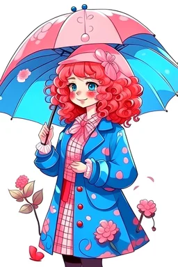 kind sailor, red curly hair, long jacket, pink-azure clothes, pink-azure cocked hat, white floral pattern on the jacket, flower in the hair. Pink and blue umbrella.