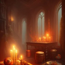 dark fantasy concept art, dynamic lighting, hyperdetailed, intricately detailed, Splash screen art, deep color, Unreal Engine, volumetric lighting, fantasy library artwork, indoors, cozy, leather, wood, library, candles, red silk,