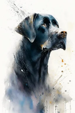 A portrait of black Labrador by Willem Haenraets, watercolor, wet on wet and splattering techniques, centered, perfect composition, abstraction, surrealism