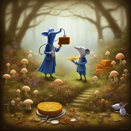 A Plague Doctor (AND) a Mouse having a port & cheese party in a forest of mushrooms by a river, art by Pixar and Disney