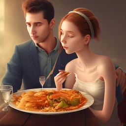 A girl eating a meal with her boyfriend