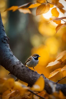 a sparrow sitting on top of a tree branch surrounded by golden autumn leaves, crepuscular , a snake crawling behind the bird ,lighting, unsplash photography, BOKEH shot style of time-lapse photography, fujifilm provia 400x, 100mm lens, luminous shadows, renaissance-inspired , home and garden, wildlife nature photography, HDRI.