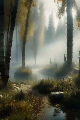 soft fog, with light breaking through, tall white birch trees, and a stone path flanking both sides of the pond going up to a gazebo, mystic fantasy genre