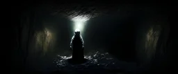 character in semi-darkness, on the scree cone of an underground room dimly lit by daylight coming from a well located forty meters above.