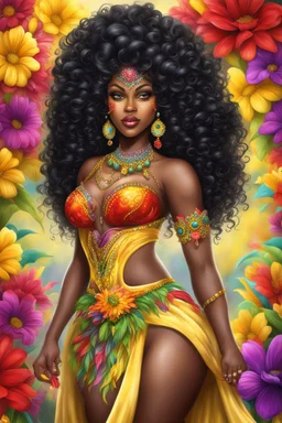 Create a digital airbrush cartoon of a curvy African American female wearing Brazilian carnaval outfit outfit that's Black, yellow, and red Prominent make up with hazel eyes. Highly detailed very long extremely curly black hair. Her skin is smooth and silky. Background eof a judge full of colorful flowers