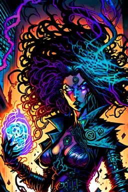 a illuminating work of art in the style of a comic with dark influences, featuring a female cyberpunk mage with flowing hair and overbearing eyes. She is holding a concept of a dream . In the background the world is alive. The viewer feels remorse.