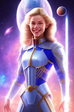 young cosmic woman smile, admiral from the future, one fine whole face, crystalline skin, expressive blue eyes,rainbow, smiling lips, very nice smile, costume pleiadian, Beautiful tall woman pleiadian Galactic commander, ship, perfect datailed golden galactic suit, high rank, long blond hair, hand whit five perfect detailed finger, amazing big blue eyes, smilling mouth, high drfinition lips, cosmic happiness, bright colors, blue, pink, gold, jewels, realist, purple hairs