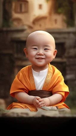 A 3-year-old monk boy with round cheeks, sitting, looking at the camera, light gray monk costume with white neckline, cute and cute, masterpiece, high quality, highly detailed.