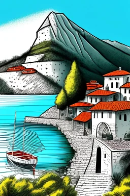 Draw a picture where the sights of Montenegro and its nature are presented. The picture should look like a comic book.
